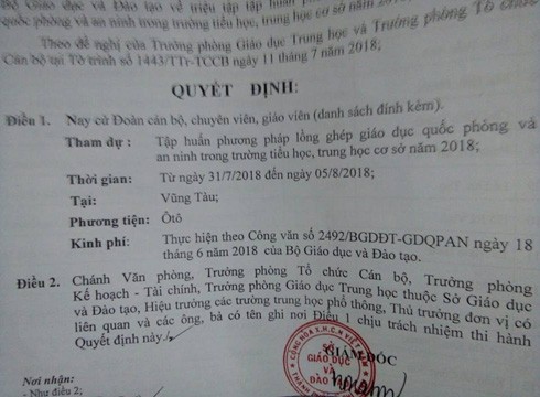 Văn bản do Giám đốc Lê Hồng Sơn ký về việc cử giáo viên, chuyên viên, cán bộ đi tập huấn (ảnh: P.L)