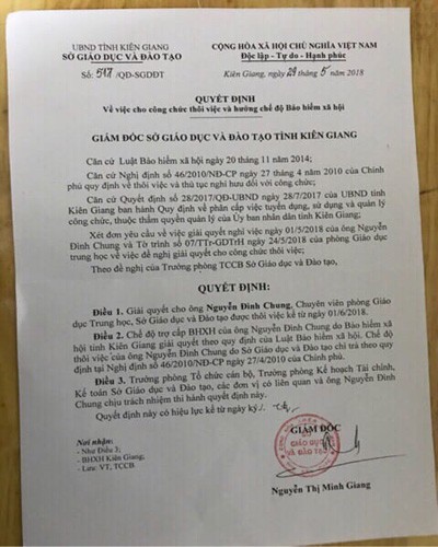 Quyết định 517 của Sở Giáo dục và Đào tạo tỉnh Kiên Giang cho ông Chung thôi việc (ảnh: P.L)