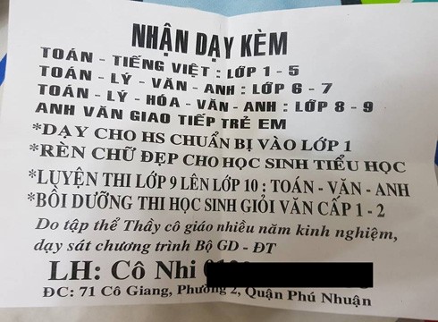 Tờ rơi quảng cáo dạy thêm các cấp học của địa chỉ 71 Cô Giang, quận Phú Nhuận (ảnh: P.L)