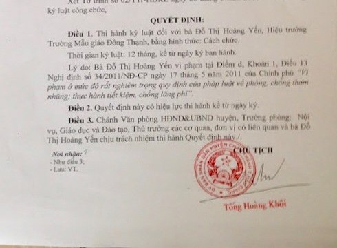 Trích quyết định 3613, cắt chức Hiệu trưởng của bà Đỗ Thị Hoàng Yến (ảnh: P.L)