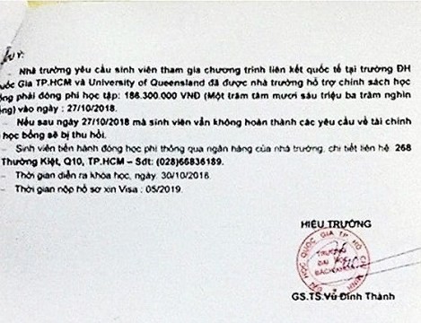 Một thông báo giả mạo chữ ký của Giáo sư Vũ Đình Thành, con dấu của Trường Bách Khoa (ảnh: CTV)
