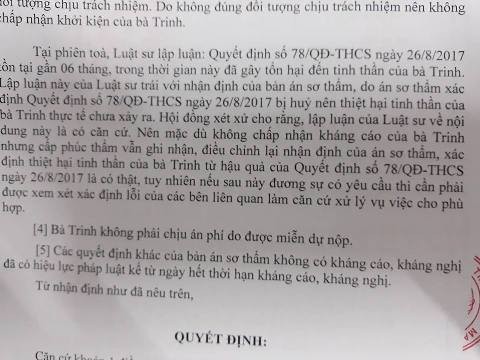 Trích bản án của tòa cấp phúc thẩm, Tòa án nhân dân tỉnh Cà Mau về vụ của cô Hà Tú Trinh (ảnh: P.L)