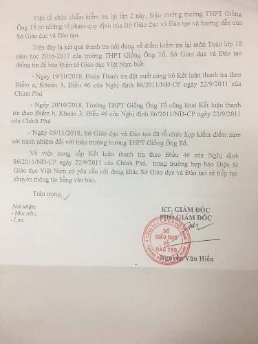 Trích văn bản 4025 do ông Nguyễn Văn Hiếu - Phó Giám đốc Sở Giáo dục và Đào tạo thành phố ký (ảnh: P.L)