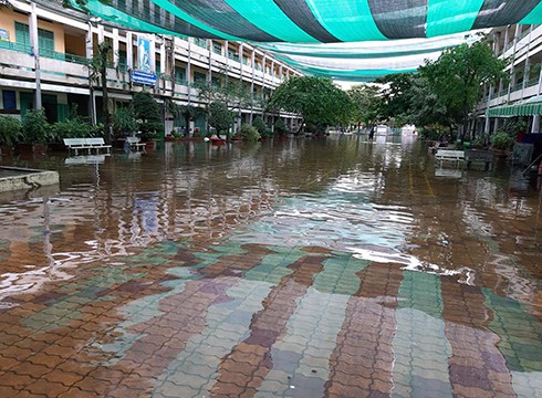 Sân trường của Trường tiểu học Bông Sao chỉ thấy mênh mông là nước (ảnh: P.L)