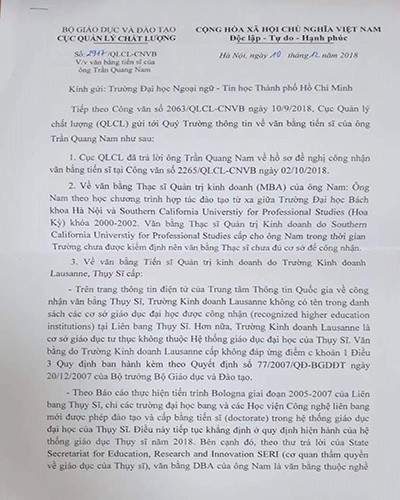 Văn bản trả lời bằng cấp của ông Trần Quang Nam từ Cục Quản lý chất lượng (ảnh: P.L)
