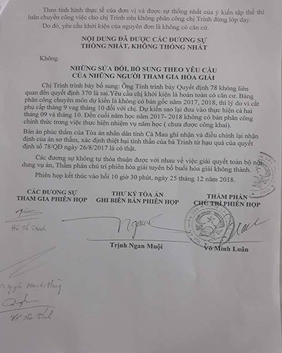 Trích biên bản hòa giải ngày 25/12/2018 tại Tòa án nhân dân huyện Trần Văn Thời, tỉnh Cà Mau (ảnh: P.L)