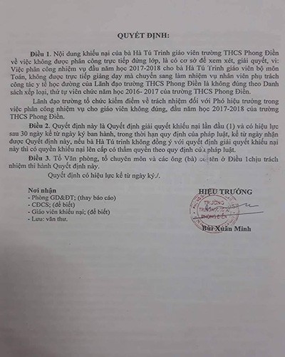 Trích kết luận 109, do Hiệu trưởng Trường Phong Điền ký ngày 21/11/2017 (ảnh: P.L)
