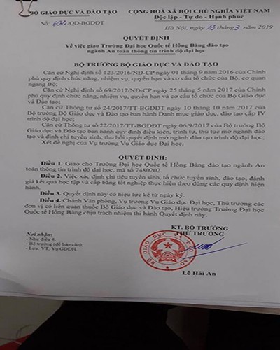 Quyết định 602, do Thứ trưởng Bộ Giáo dục và Đào tạo Lê Hải An ký (ảnh: HIU)