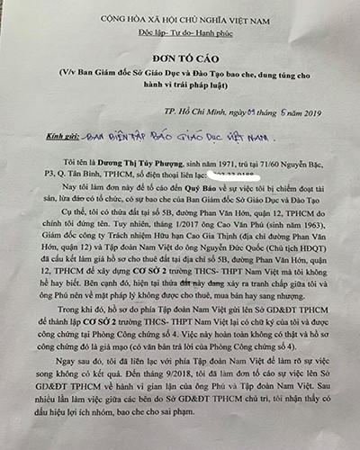 Đơn tố cáo của bà Dương Thị Túy Phượng về khu đất 5B Phan Văn Hớn, quận 12 (ảnh: P.L)