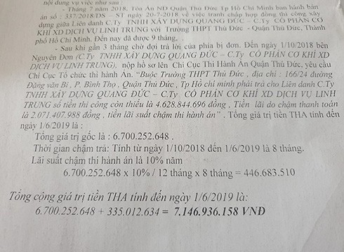 Trích đơn của ông Trần Quang Bá tính số tiền mà Trường Thủ Đức vẫn còn nợ (ảnh: P.L)