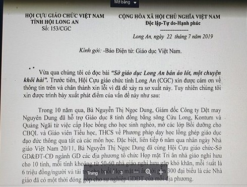 Trích văn bản 153 của Hội Cựu Giáo chức tỉnh Long An gửi Báo Điện tử Giáo dục Việt Nam (ảnh chụp màn hình)