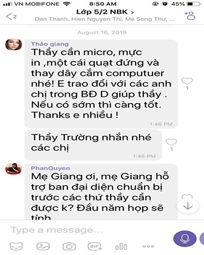 Tin nhắn trao đổi giữa các phụ huynh của lớp 5/2, Trường tiểu học Nguyễn Bỉnh Khiêm (ảnh: P.L)