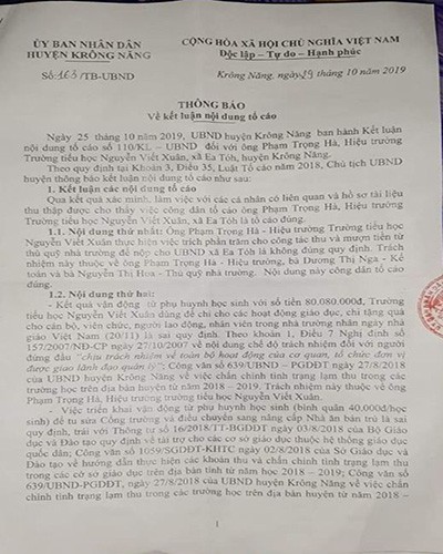 Trích thông báo 163 của Ủy ban nhân dân huyện Krông Năng ra ngày 29/10/2019 (ảnh: CTV)