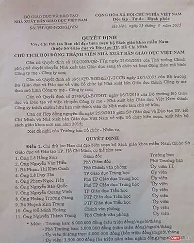 Quyết định 778 năm 2015 của Nhà Xuất bản Giáo dục Việt Nam (ảnh: Viettimes)