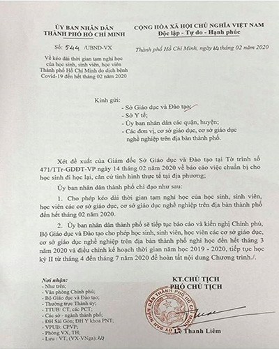 Văn bản của Ủy ban nhân dân Thành phố Hồ Chí Minh ngày 14/2 (Ảnh: P.L)