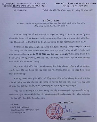Thông báo kéo dài thời gian nghỉ của Trường trung cấp Quốc tế Khôi Việt (ảnh: P.L)
