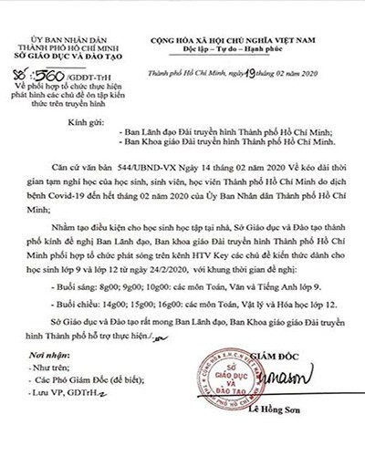 Văn bản 560 của Sở Giáo dục và Đào tạo Thành phố Hồ Chí Minh, do Giám đốc ký ngày 19/2/2020 (ảnh: P.L)
