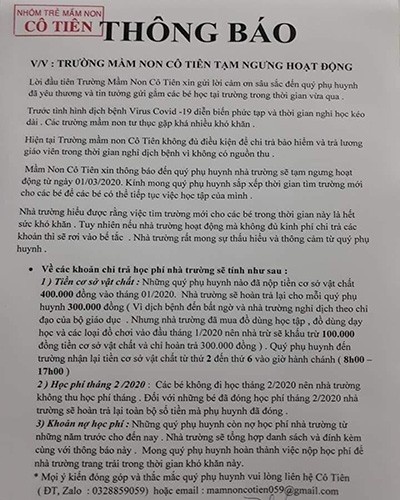 Thông báo của Trường mầm non Cô Tiên ở huyện Long Thành, tỉnh Đồng Nai (ảnh: P.L)