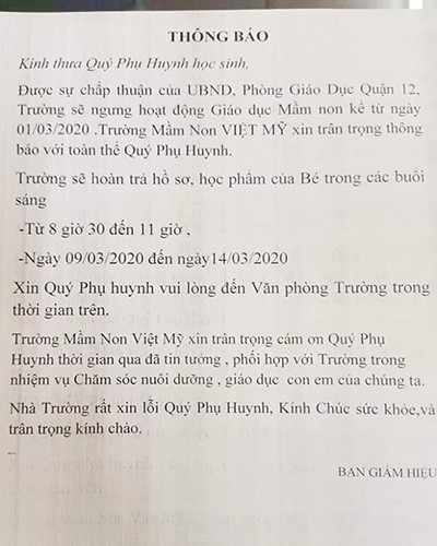 Thông báo của Trường mầm non Việt Mỹ ở quận 12, Thành phố Hồ Chí Minh (ảnh: P.L)