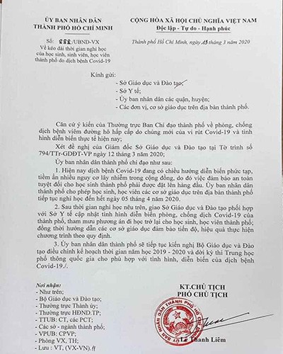 Văn bản 888 của Ủy ban nhân dân Thành phố Hồ Chí Minh được ký ngày 13/3/2020 (ảnh: P.L)