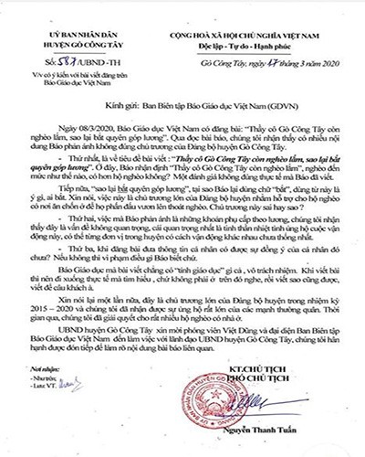 Văn bản 587 của Phó Chủ tịch Ủy ban nhân dân huyện Gò Công Tây ký ngày 17/3/2020 (ảnh: P.L)