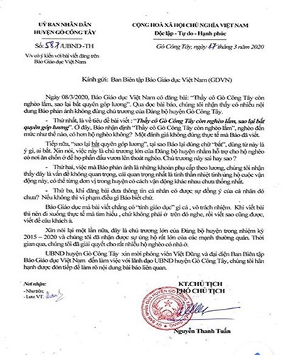 Văn bản 587 của Phó Chủ tịch Ủy ban nhân dân huyện Gò Công Tây (ảnh: P.L)