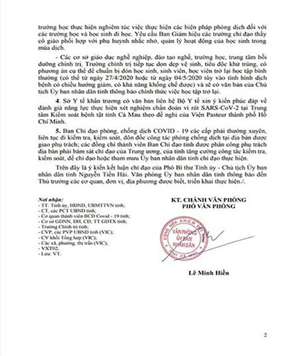 Trích thông báo 855 của Văn phòng, truyền đạt ý kiến kết luận của Chủ tịch tỉnh Cà Mau (ảnh: P.L)
