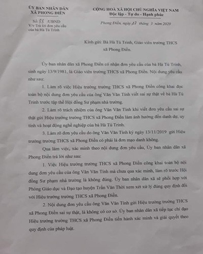 Trích thông báo số 88 của xã Phong Điền, trả lời đơn yêu cầu của cô Hà Tú Trinh (ảnh: P.L)
