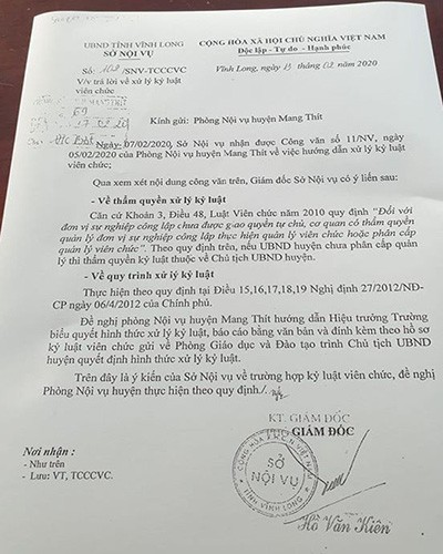 Văn bản 102 do Phó Giám đốc Sở Nội vụ tỉnh Vĩnh Long ký (ảnh: P.L)