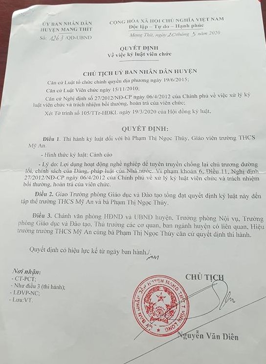 Quyết định xử lý kỷ luật cô Phạm Thị Ngọc Thúy, giáo viên trường trung học cơ sở Mỹ An (ảnh: P.L)
