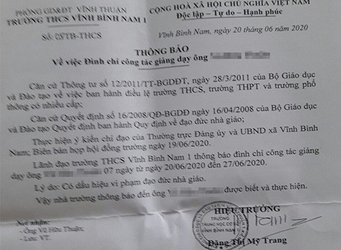 Quyết định tạm đình chỉ công tác của thầy T. tại Trường Vĩnh Bình Nam 1 (ảnh: CTV)