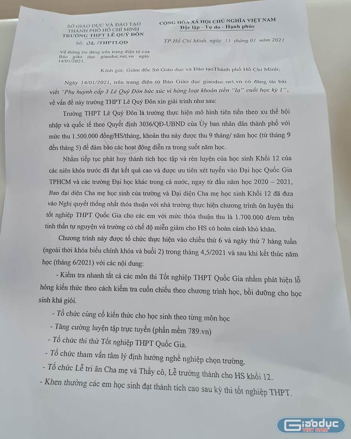 Văn bản báo cáo vụ việc của Hiệu trưởng trường trung học phổ thông Lê Quý Đôn (ảnh: P.L)