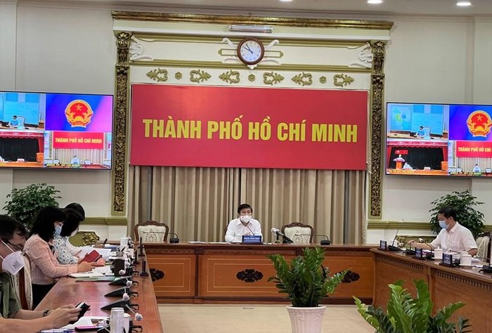 Hình ảnh cuộc họp trực tuyến tại điểm cầu Ủy ban nhân dân Thành phố Hồ Chí Minh (Ảnh: TTBC)