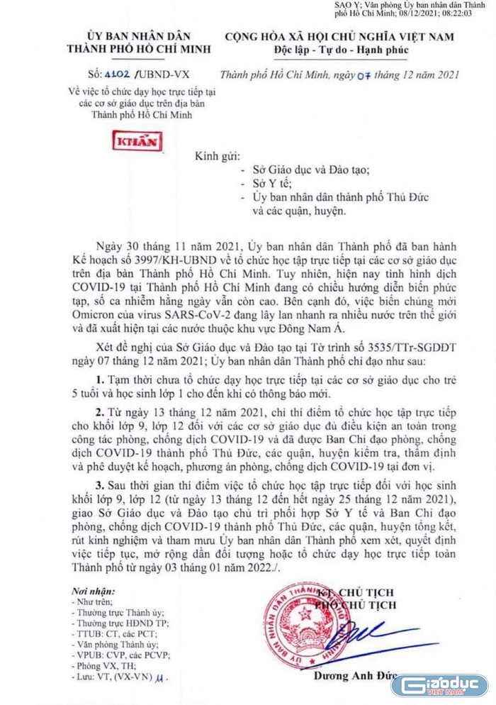 Văn bản đề nghị hoãn việc đến trường của Ủy ban nhân dân Thành phố Hồ Chí Minh (ảnh: P.L)