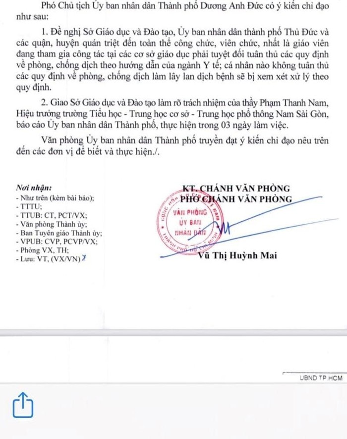 Trích văn bản 519 của Văn phòng Ủy ban nhân dân Thành phố Hồ Chí Minh ban hành (ảnh: CTV)