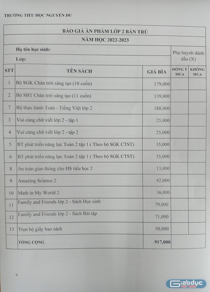 Danh mục các loại sách cần mua của lớp 2 Trường Tiểu học Nguyễn Du khi có thêm cột đồng ý, không đồng ý (ảnh: CTV)