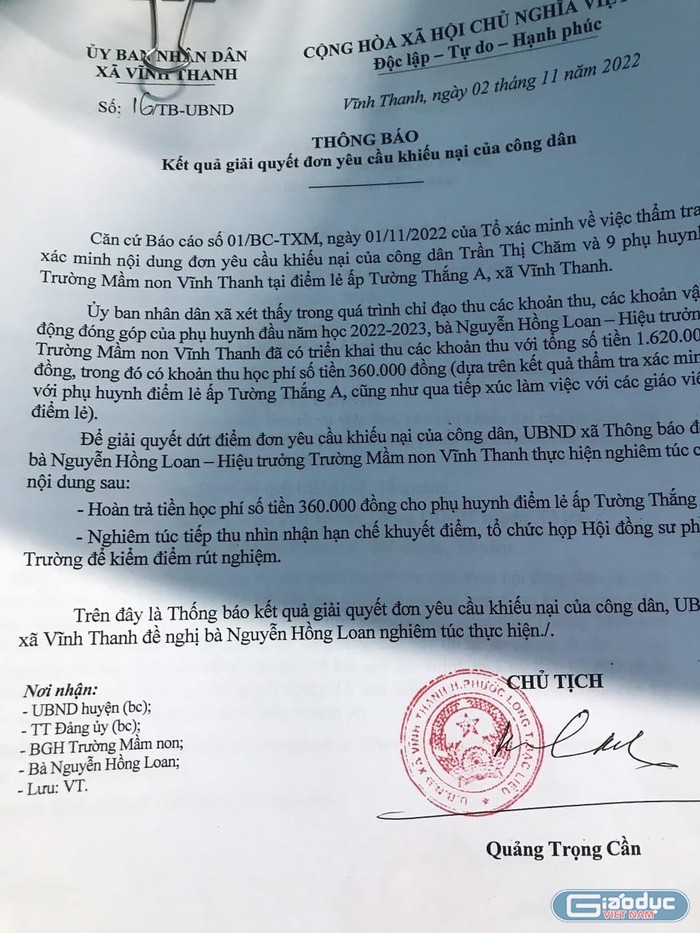 Thông báo số 16 của Ủy ban nhân dân xã Vĩnh Thanh, huyện Phước Long, tỉnh Bạc Liêu (ảnh: P.L)
