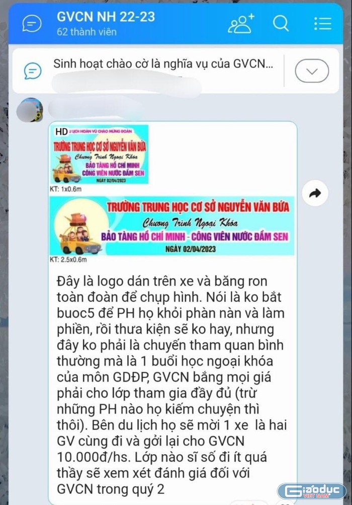 Tin nhắn được cho là của hiệu trưởng gửi tới các giáo viên chủ nhiệm Trường Nguyễn Văn Bứa (Ảnh: CTV)