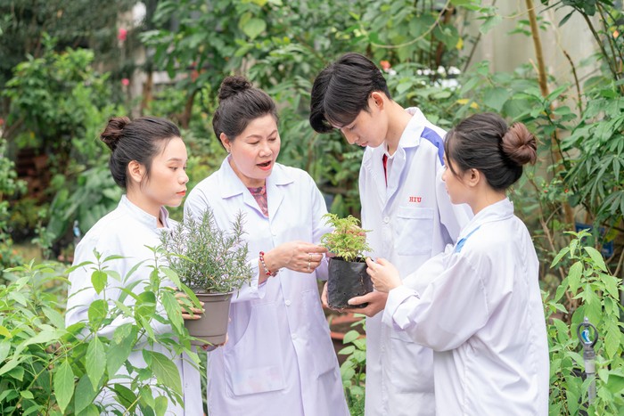 Sinh viên của HIu thực hiện trong vườn dược liệu của nhà trường (ảnh: HIU)