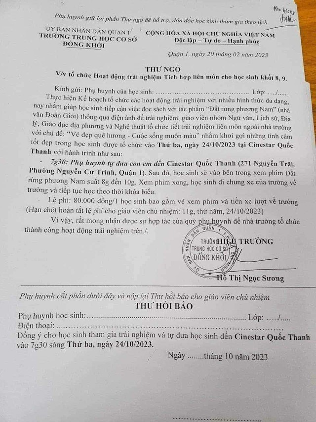 Bức thư ngỏ của Trường trung học cơ sở Đồng Khởi gửi phụ huynh khối 8,9 (ảnh: PHCC)