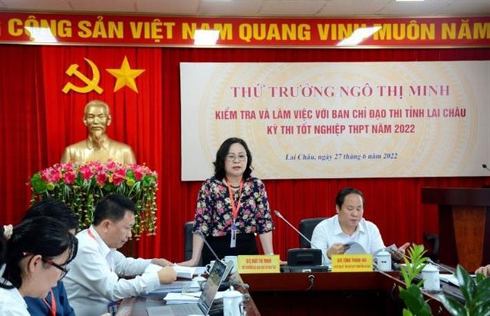 Thứ trưởng Ngô Thị Minh phát biểu trong buổi kiểm tra và làm việc với Ban chỉ đạo tỉnh Lai Châu kỳ thi tốt nghiệp trung học phổ thông năm 2022. (Ảnh: moet.gov.vn).