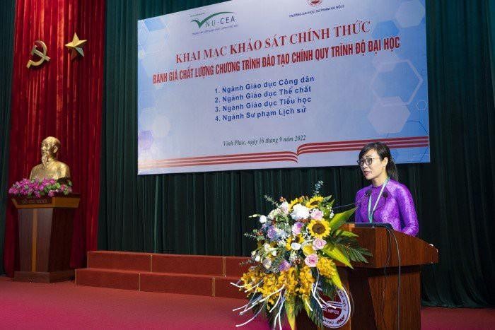 Tiến sĩ Tạ Thị Thu Hiền - Giám đốc Trung tâm Kiểm định chất lượng giáo dục - Đại học Quốc gia Hà Nội phát biểu.