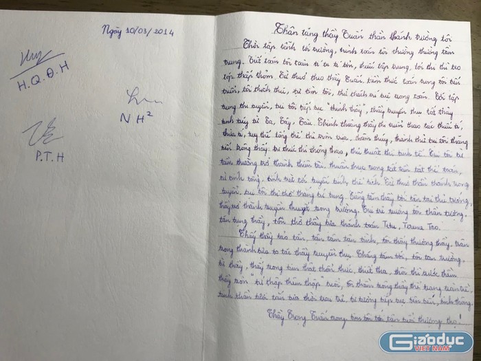 Một trong những bức thư tay tinh nghịch tuổi học trò của Phạm Tuấn Huy cùng các bạn gửi thầy giáo. Ảnh: NVCC.