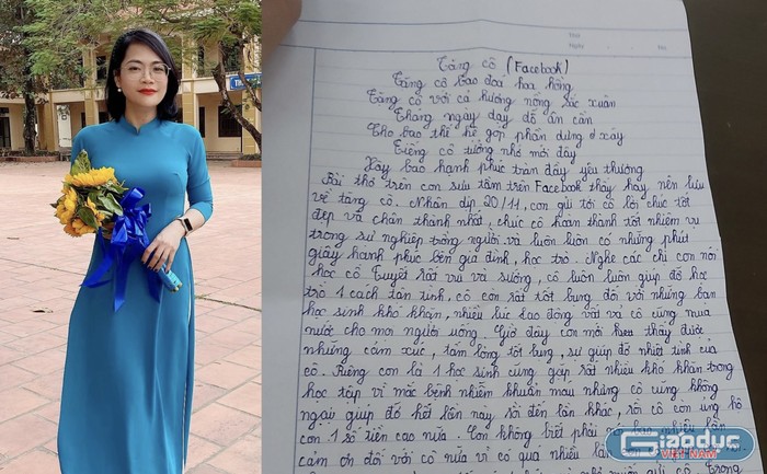 Cô giáo Hoàng Mai Tuyết và bức thư nhận được nhân ngày 20/11 từ Luân. Ảnh: FBNV.