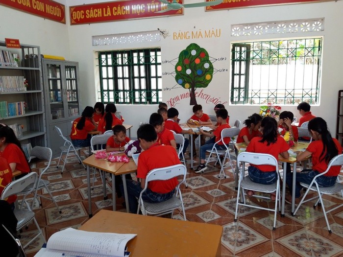 Học sinh đọc sách tại thư viện Trường Tiểu học San Thàng (thành phố Lai Châu). Ảnh: NVCC.