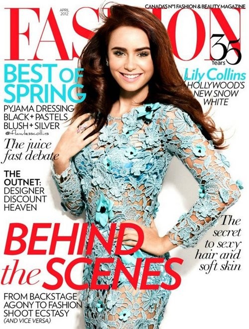 Cùng với việc bộ phim mới "Mirror Mirror" sắp ra rạp, Lily Collins cũng "tranh thủ" xuất hiện trên trang bìa tạp chí Fashion số tháng 4/2012. Nữ diễn viên xinh đẹp và lịch lãm trong bộ váy xanh vải ren hình hoa.