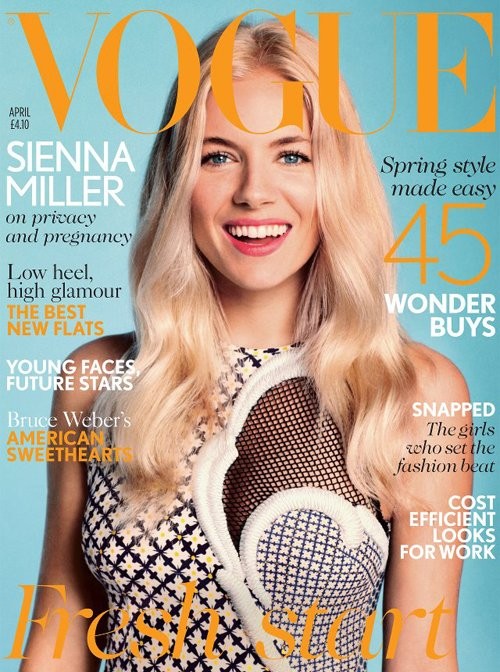 Nữ diễn viên 30 tuổi Sienna Miller vẫn vô cùng xinh đẹp và tươi tắn trên trang bìa tạp chí Vogue, Anh số báo tháng 4/2012. Cô khoác lên mình bộ váy trị giá lên đến 4 nghìn đô (80 triệu).