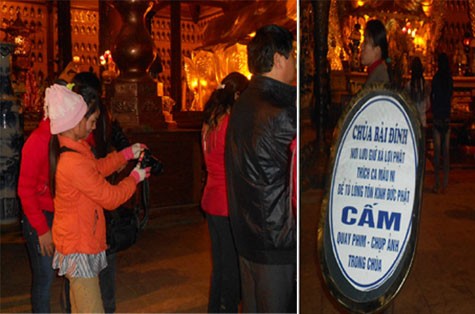 Mặc dù có qui định cấm chụp ảnh trong chùa Bái Đính nhưng không ít người vẫn cố tình làm ngơ.