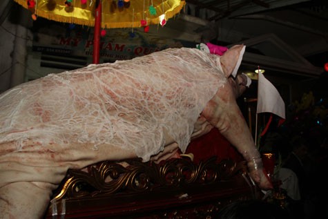Trước lễ tế, các “ông Lợn” được phủ khắp mình lá mỡ cơm xôi - lớp mỡ được lấy từ chính chú lợn vừa được mổ.