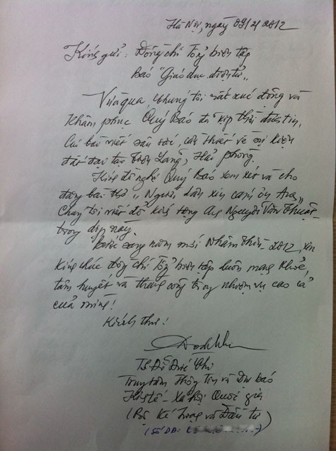 Bức thư của độc giả Đỗ Đức Chí gửi tòa soạn báo GDVN ngày 9/2/2012.